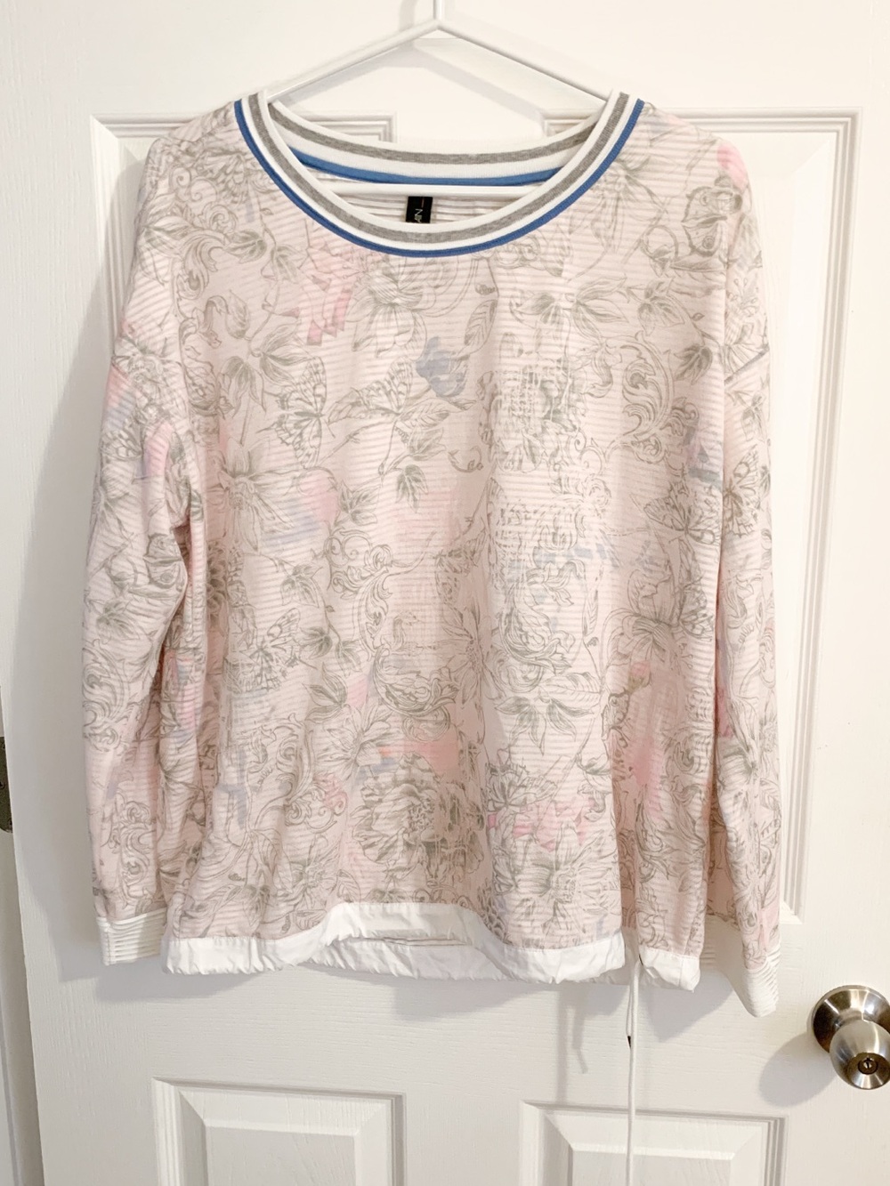Marc Cain Pink Floral-Print Crewneck Sweater with Blue-Trim